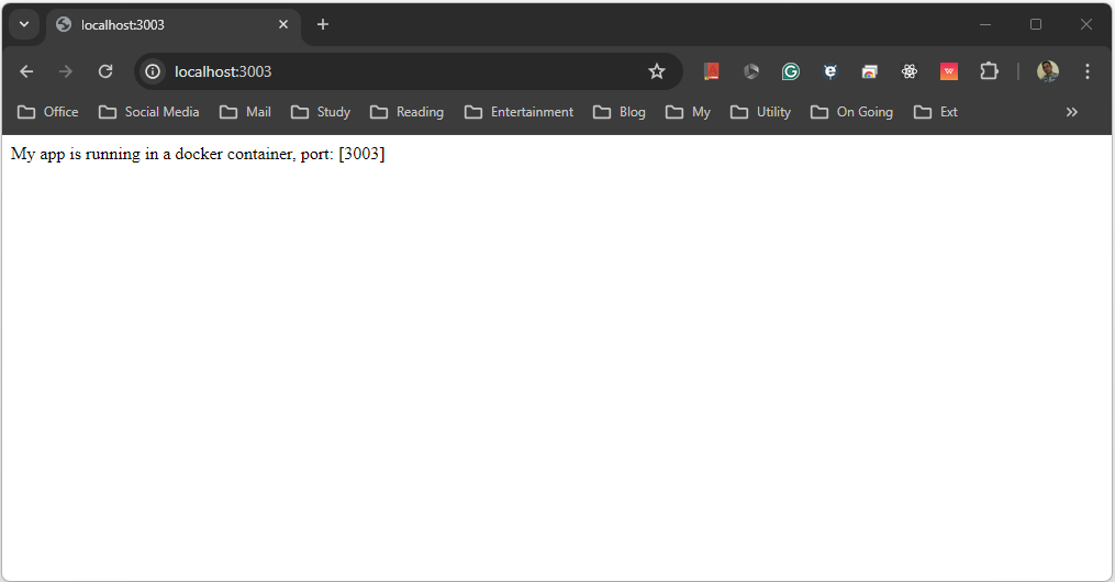 The app responding from the container at localhost:3003