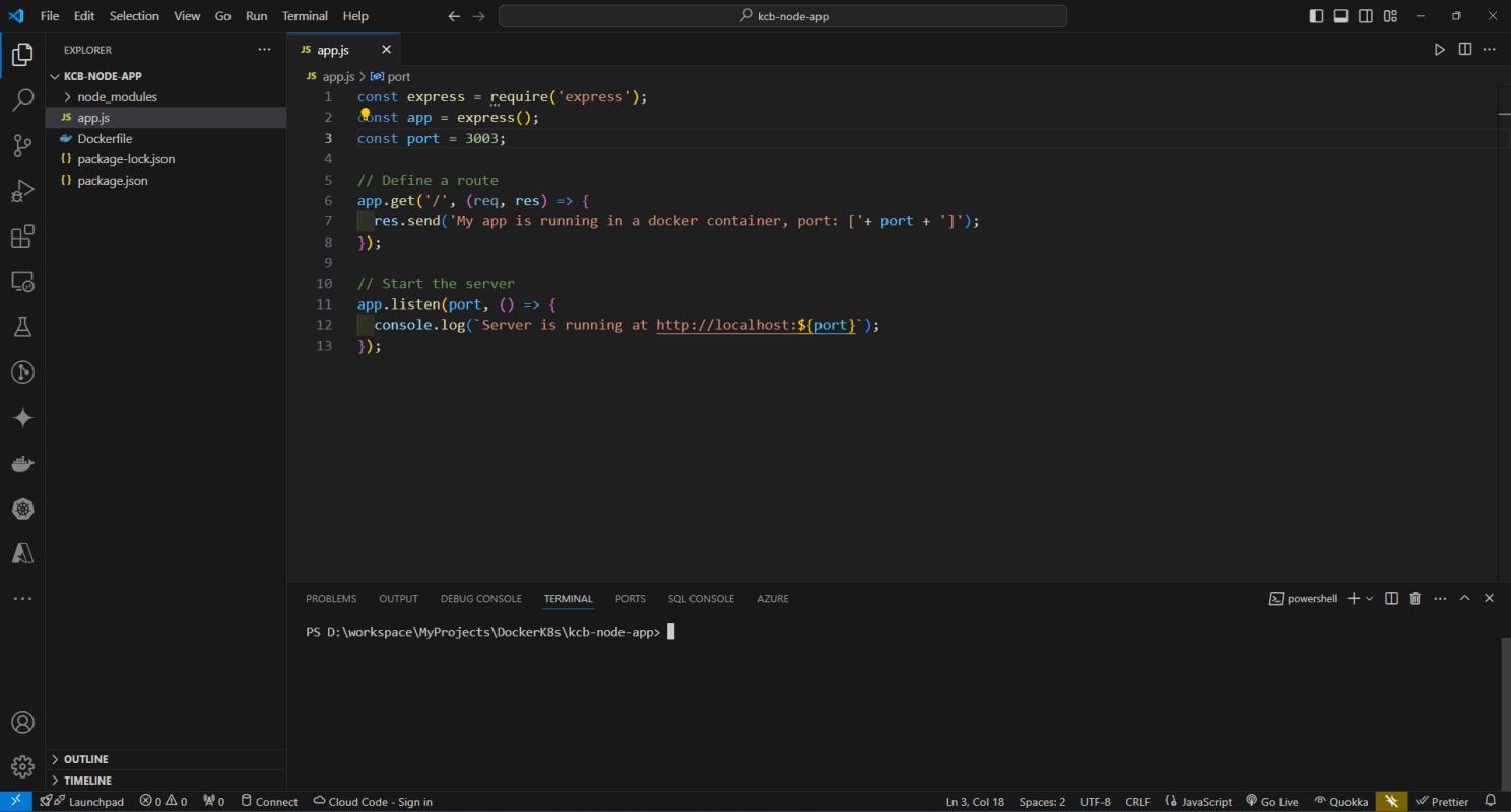 The Node.js app open in VsCode