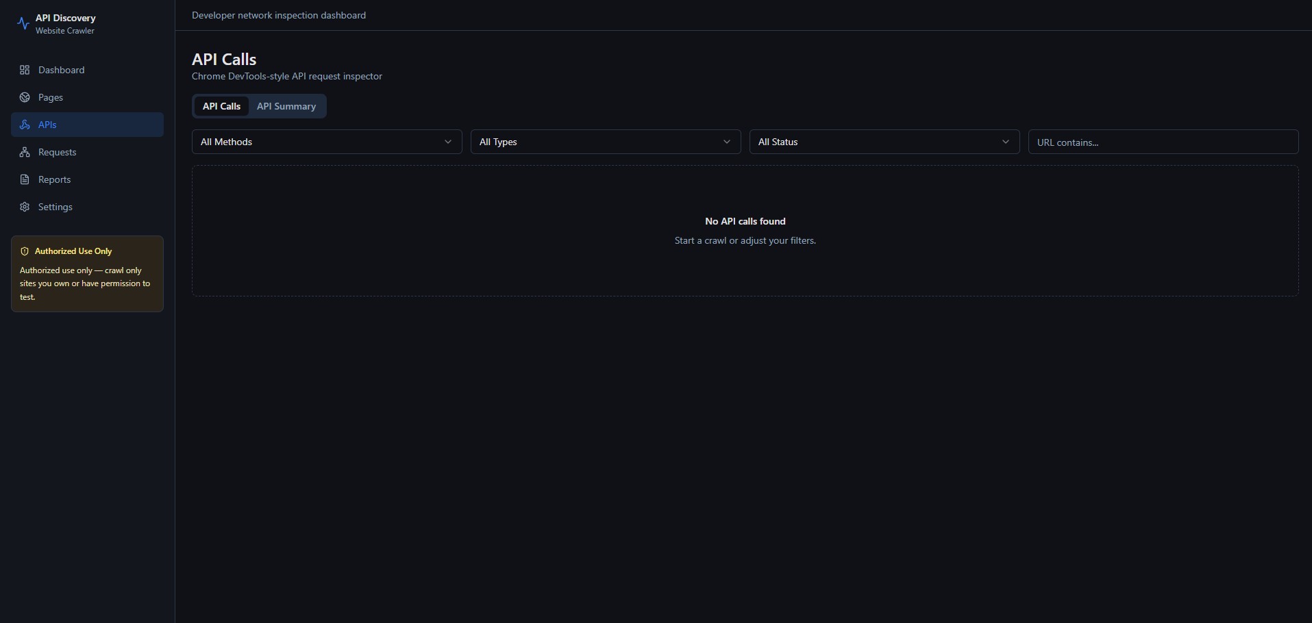 API Calls view — Chrome DevTools-style API request inspector