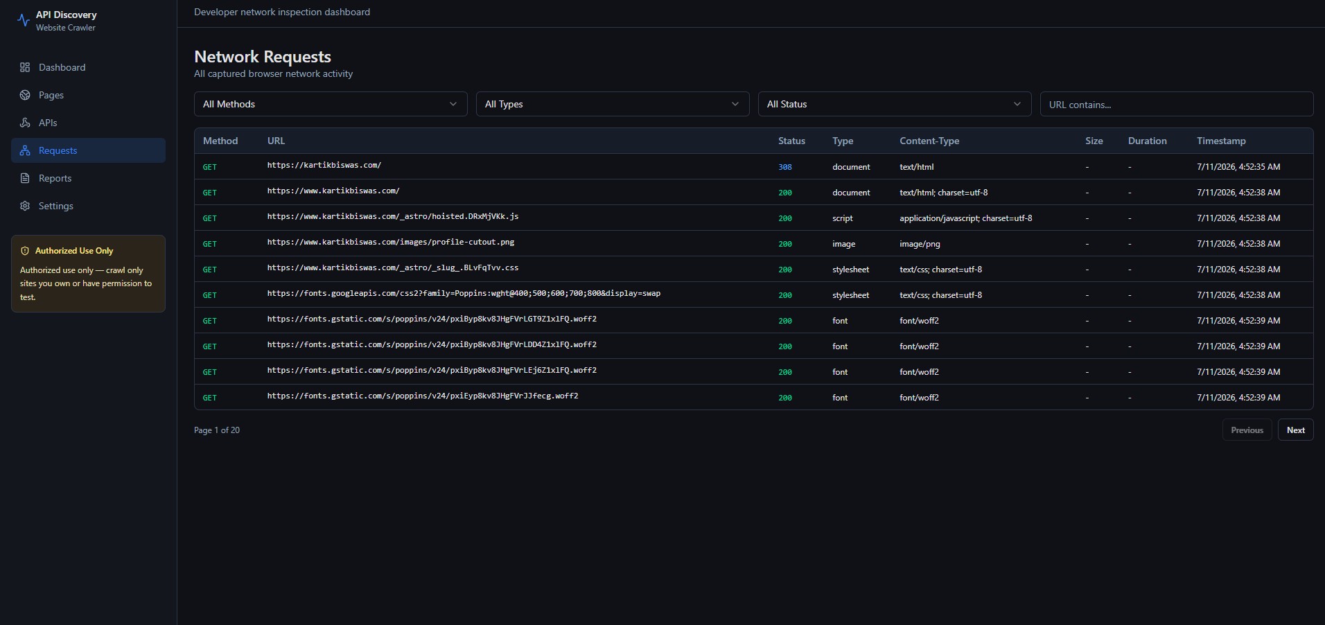 Network requests table — all captured browser network activity with filters