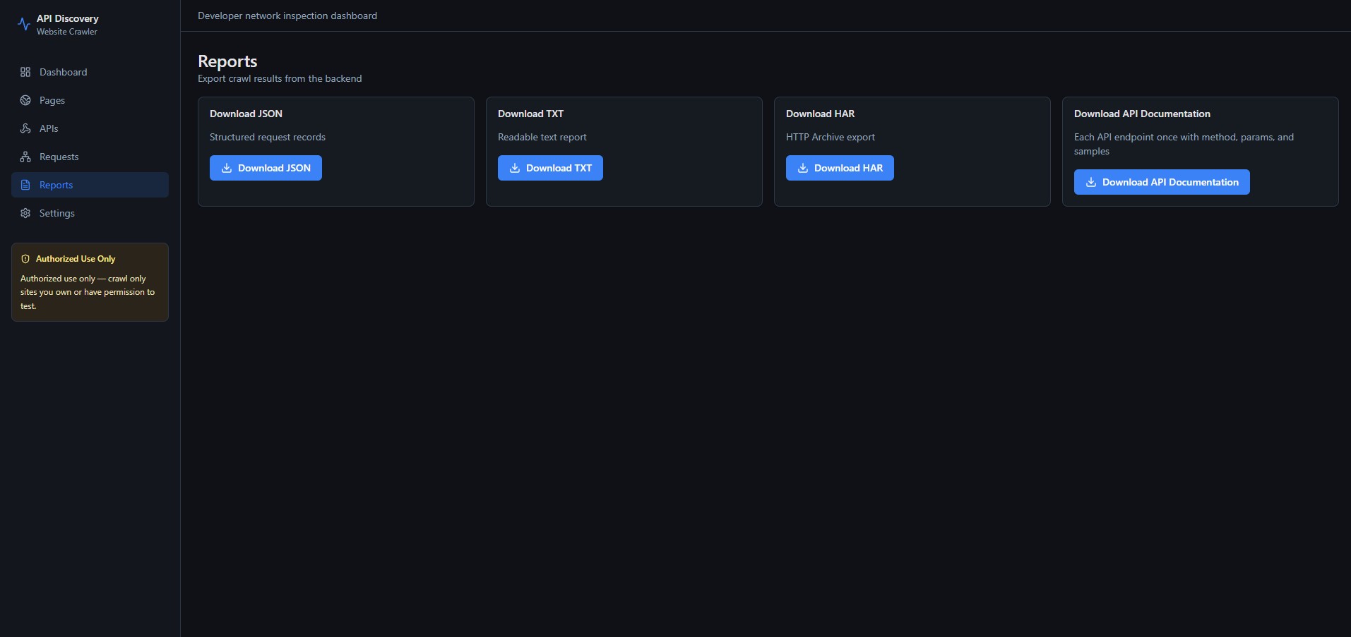 Reports page — JSON, TXT, HAR, and API docs export