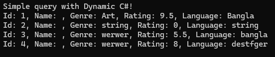 Console output of the query