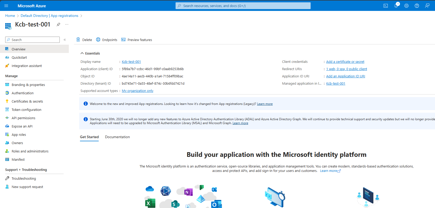 The registered app's overview page