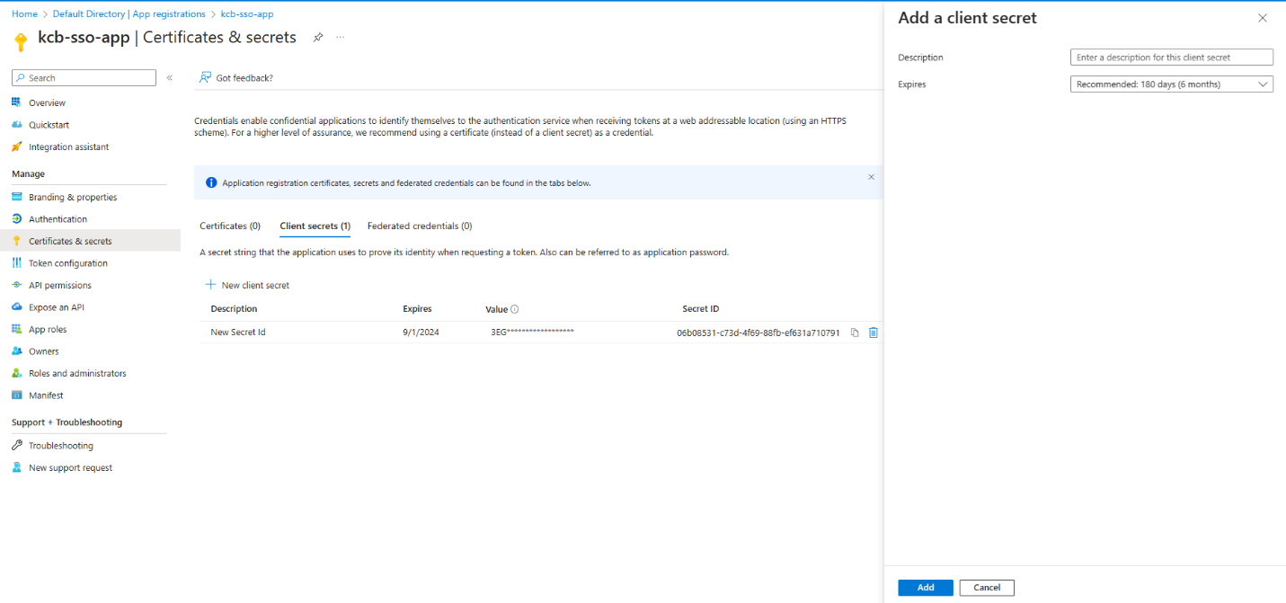 Certificates & secrets — adding a client secret